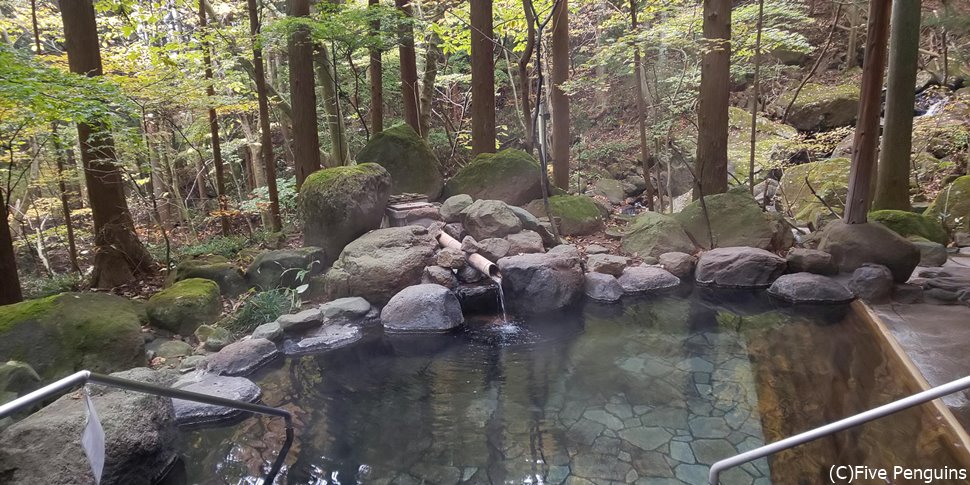 池のように大きな露天風呂。杉の香りに包まれた解放感